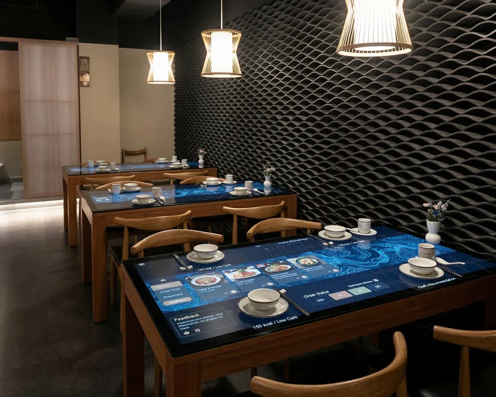Smart interactive dining table in modern restaurant setting