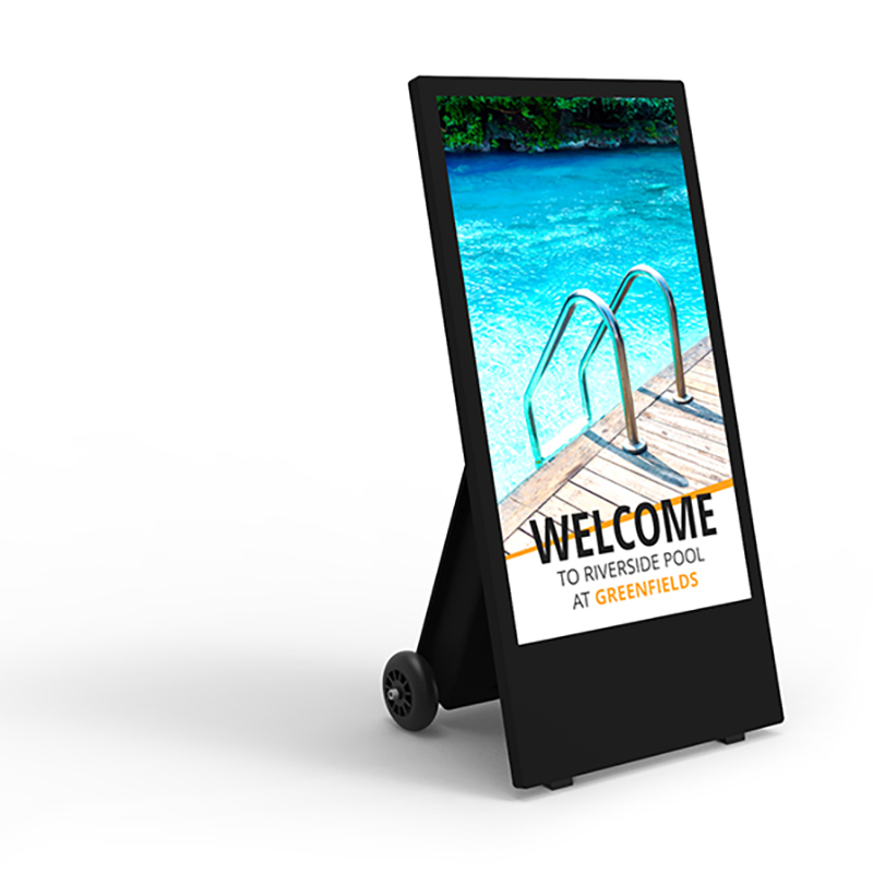 digital sandwich board welcoming visitors at a poolside