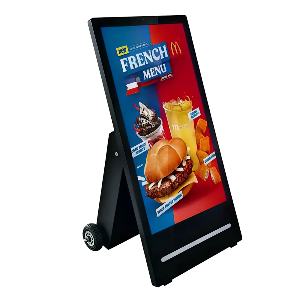 digital sandwich board showing quick service restaurant menu