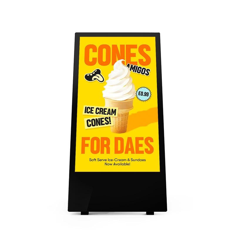 curbside advertising display outside a coffee shop on a street corner