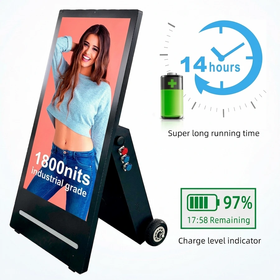 curbside advertising display with 14 hour battery runtime indicator